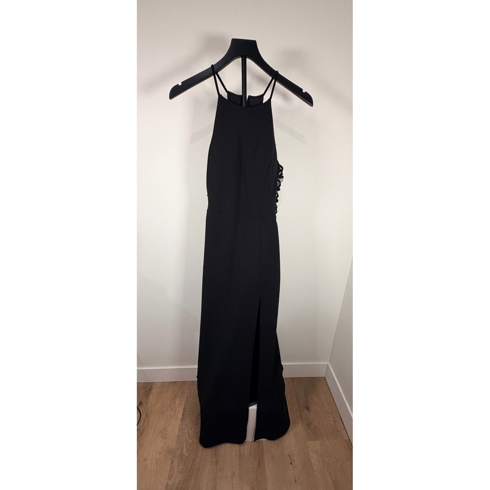 B. Darlin Black Halter Neck Lace Up Side Slit Formal Evening Gown Dress 9/10